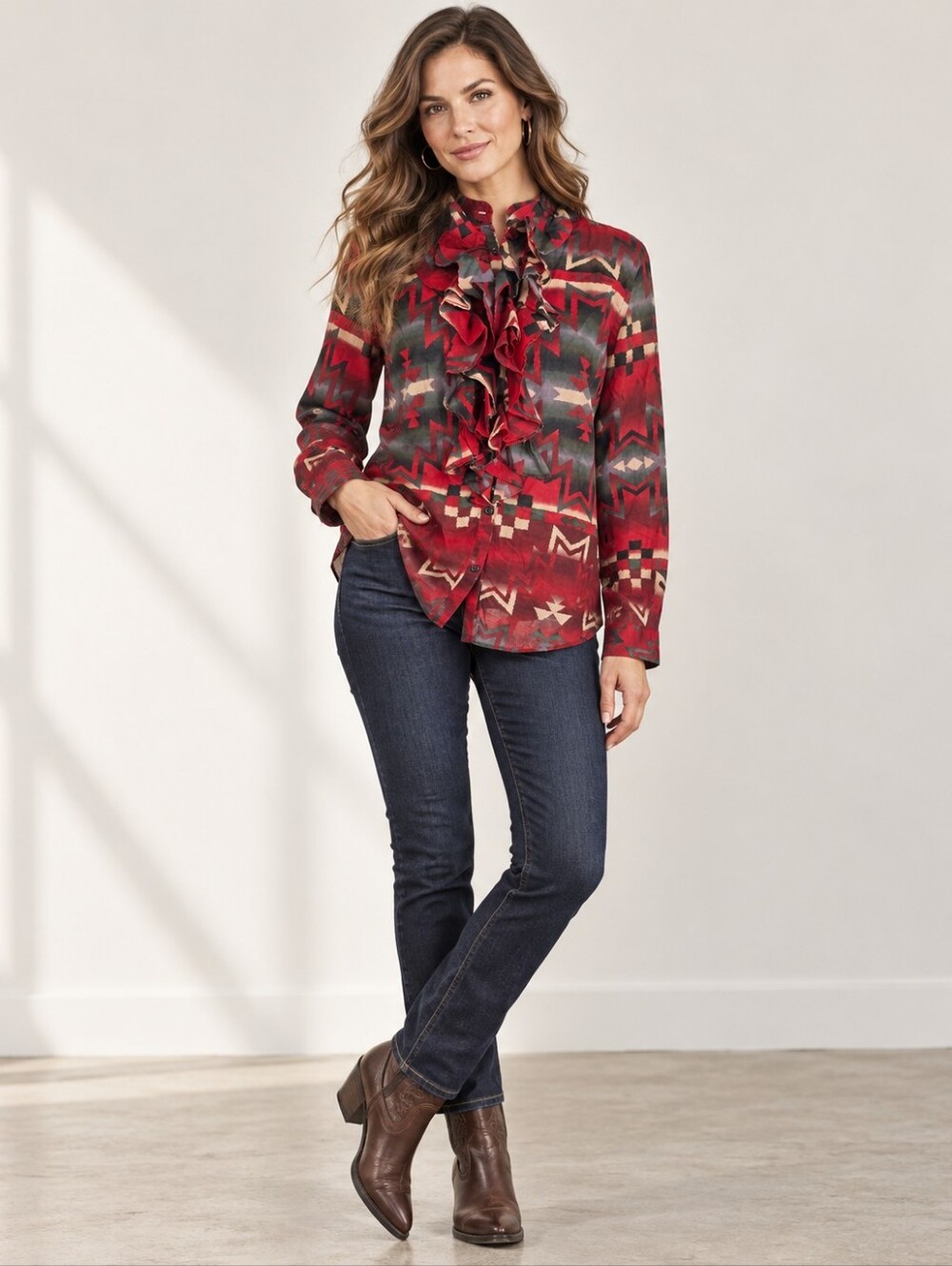 Lauren Ralph Lauren Western Aztec Ruffle Button Down Shirt S